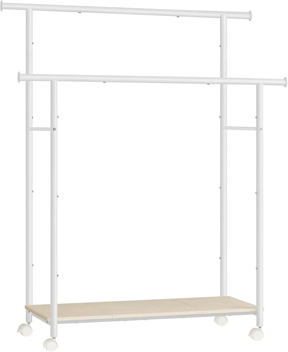 Clothes Rack with Wheels, Double-Rod 38.8 Inch Garment Rack, Shelf, up to 220 lb